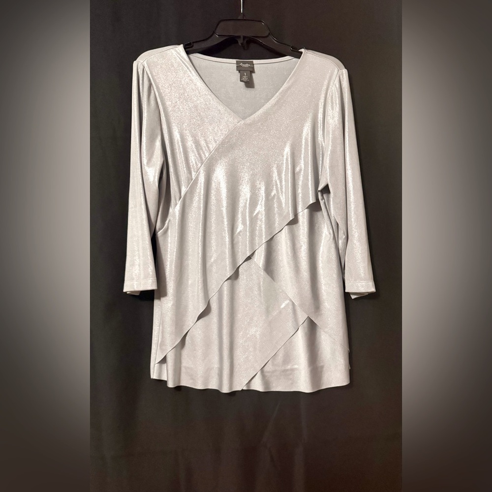 Traveler’s by Chico’s Silver “Layered” Asymmetrical Ruffled Blouse